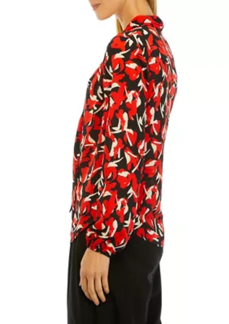 Petite Floral Print Long Sleeve Bow Blouse
