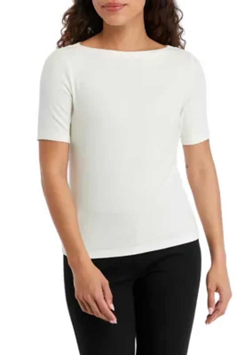 Petite Elbow Sleeve Boat Neck Rib Knit Top