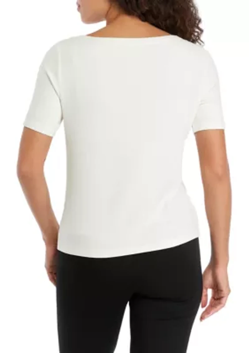 Petite Elbow Sleeve Boat Neck Rib Knit Top