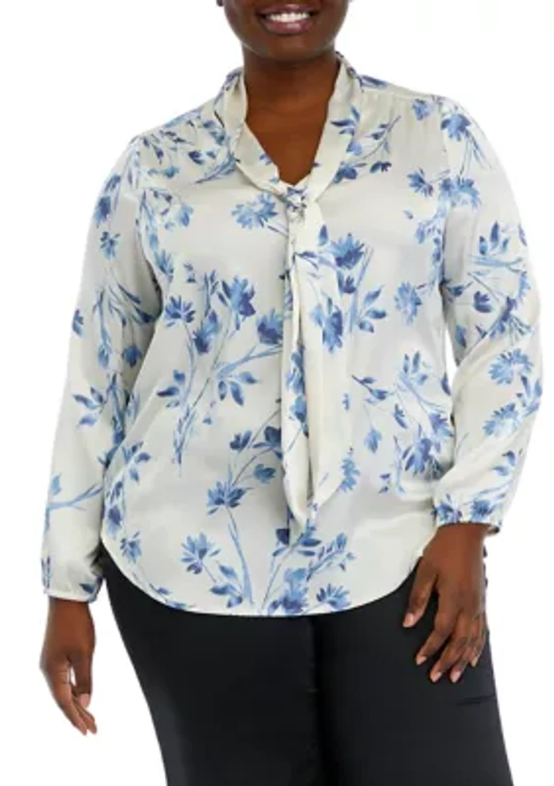 Plus Floral Print Long Sleeve Bow Blouse