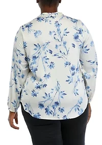 Plus Floral Print Long Sleeve Bow Blouse