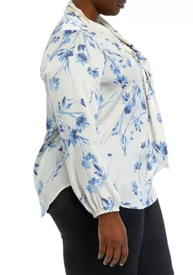 Plus Floral Print Long Sleeve Bow Blouse