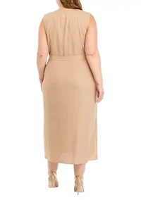 Plus Linen Button Front Belted Dress