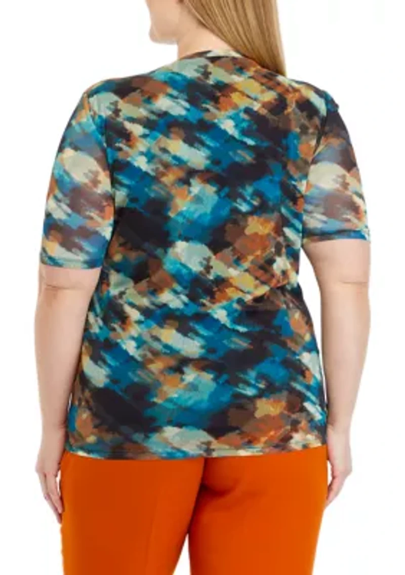 Plus Watercolor Print Mesh Top