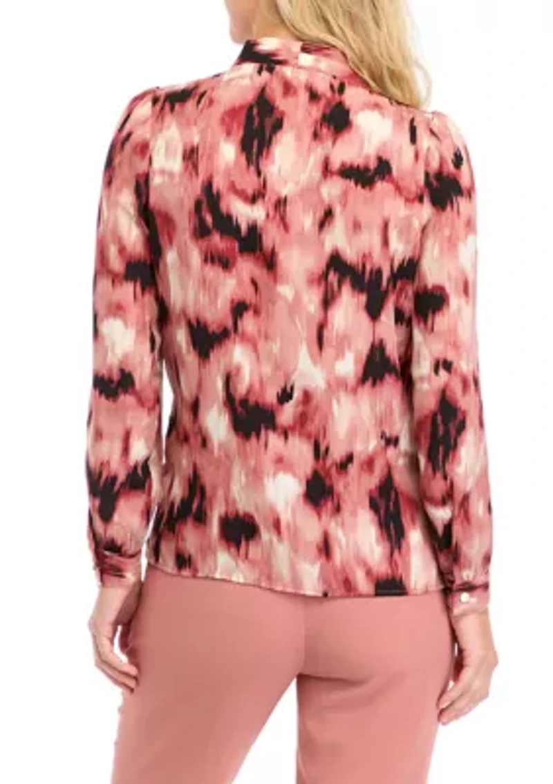 Petite Blurred Print Collarless Button Front Blouse