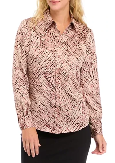 Petite Abstract Print Long Sleeve Button Front Blouse