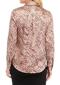 Petite Abstract Print Long Sleeve Button Front Blouse