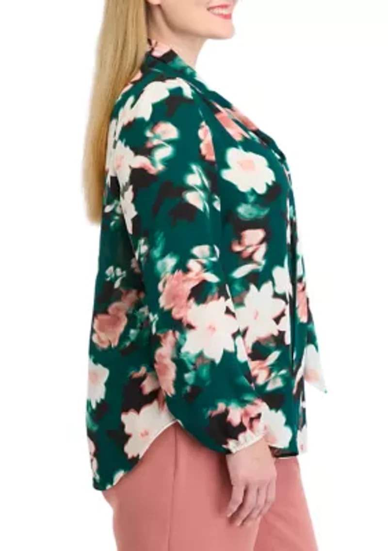 Plus Floral Print Long Sleeve Bow Blouse