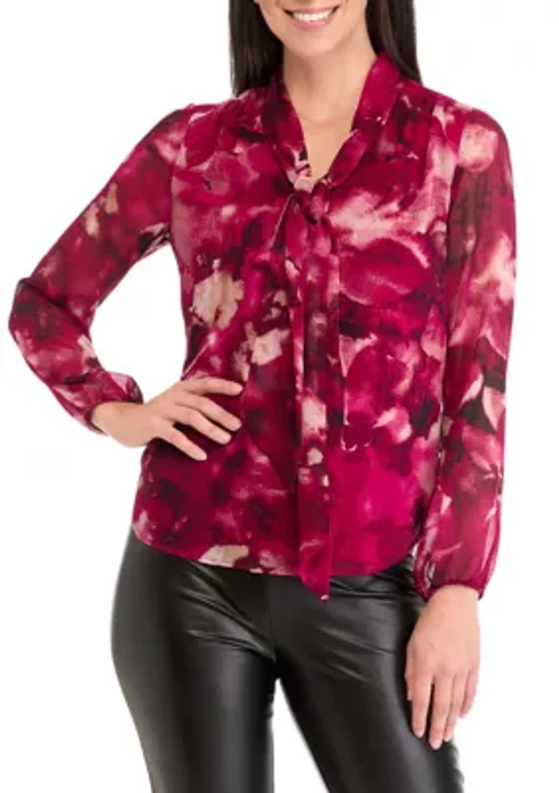 Women's Floral Print Long Sleeve Bow Blouse