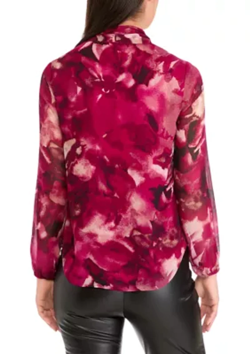 Women's Floral Print Long Sleeve Bow Blouse