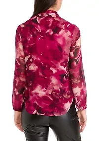 Women's Floral Print Long Sleeve Bow Blouse