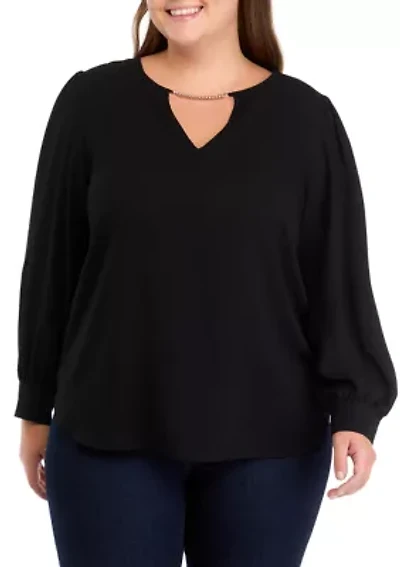 Plus Long Sleeve Blouse with Chain Trim