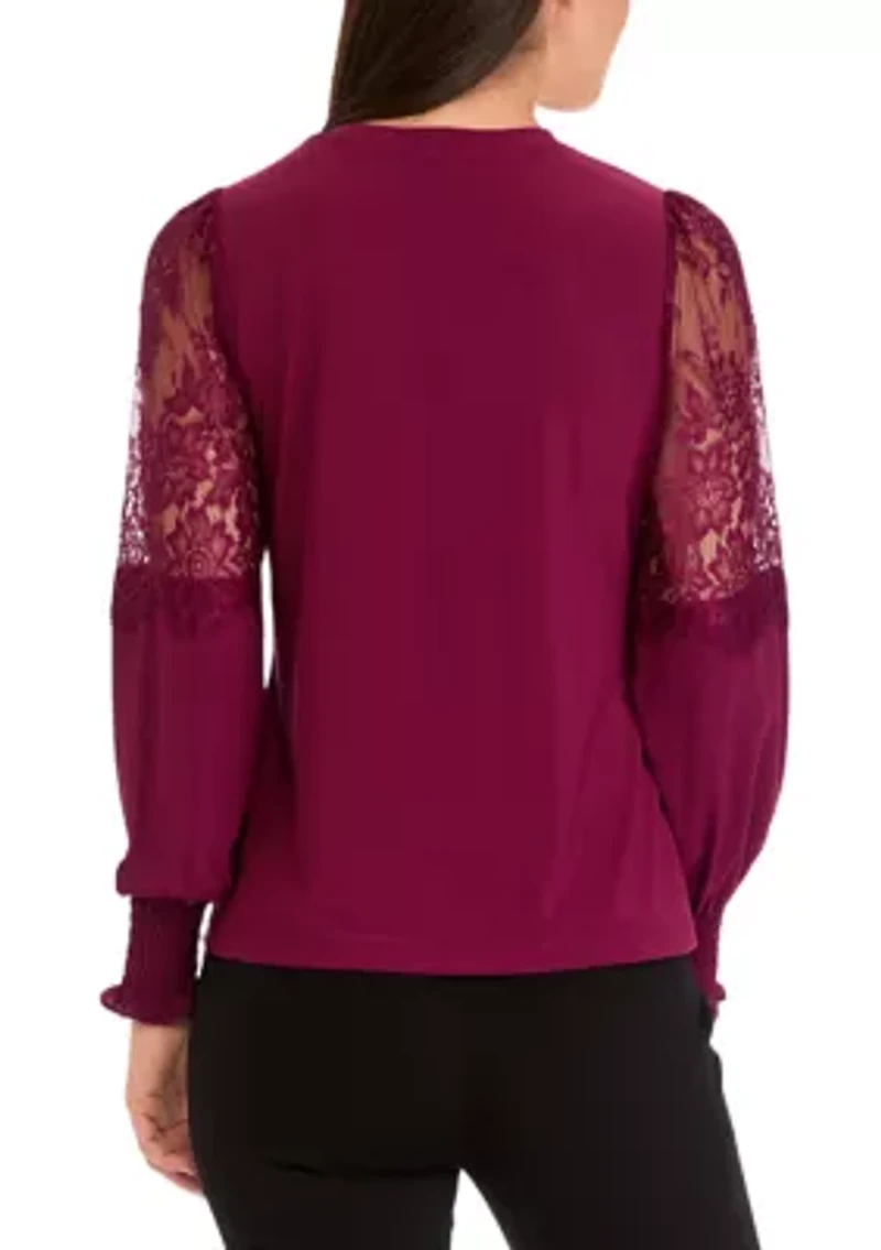 Women's Crew Neck Knit Top with Lace Sleeves