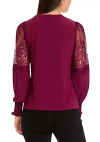 Women's Crew Neck Knit Top with Lace Sleeves