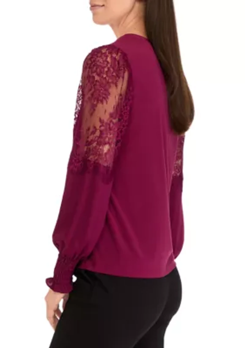 Women's Crew Neck Knit Top with Lace Sleeves