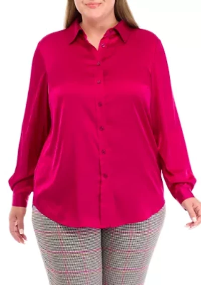 Plus Long Sleeve Button Down Blouse