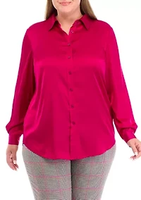 Plus Long Sleeve Button Down Blouse
