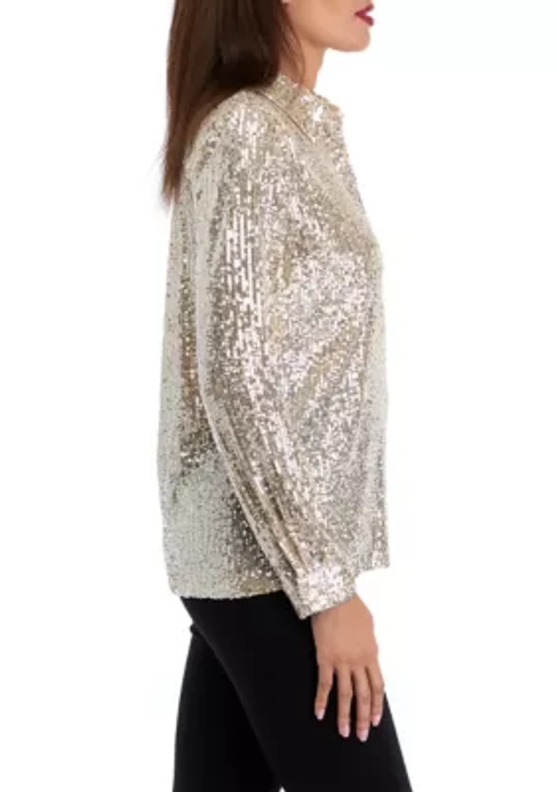 Women's Long Sleeve Sequin Button Front Shirt
