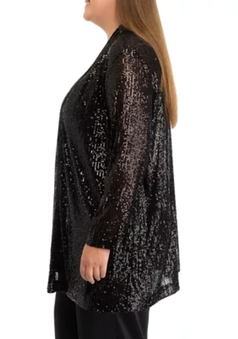 Plus Open Front Peak Lapel Sequin Cardigan