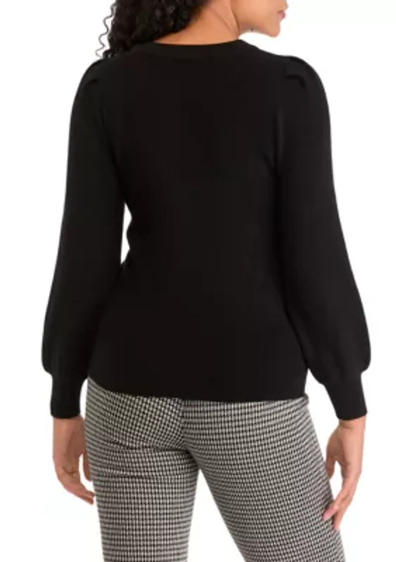 Petite Crew Neck Puff Sleeve Sweater