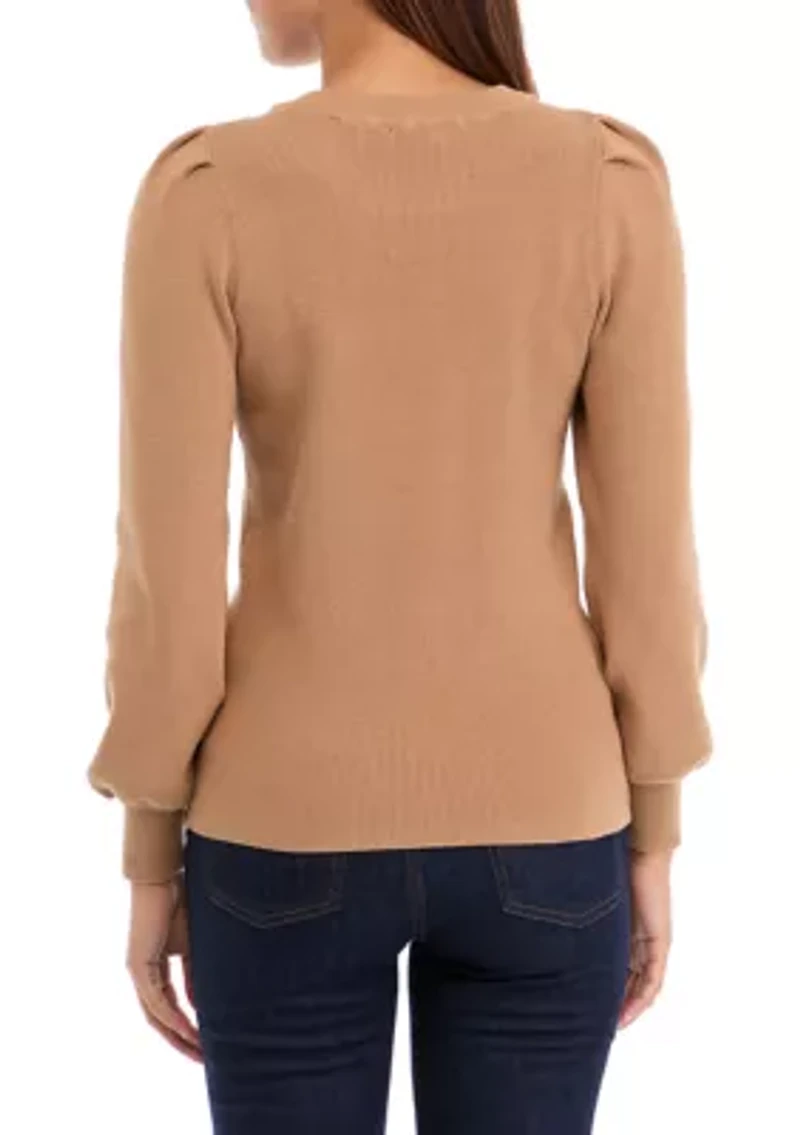 Petite Crew Neck Puff Sleeve Sweater
