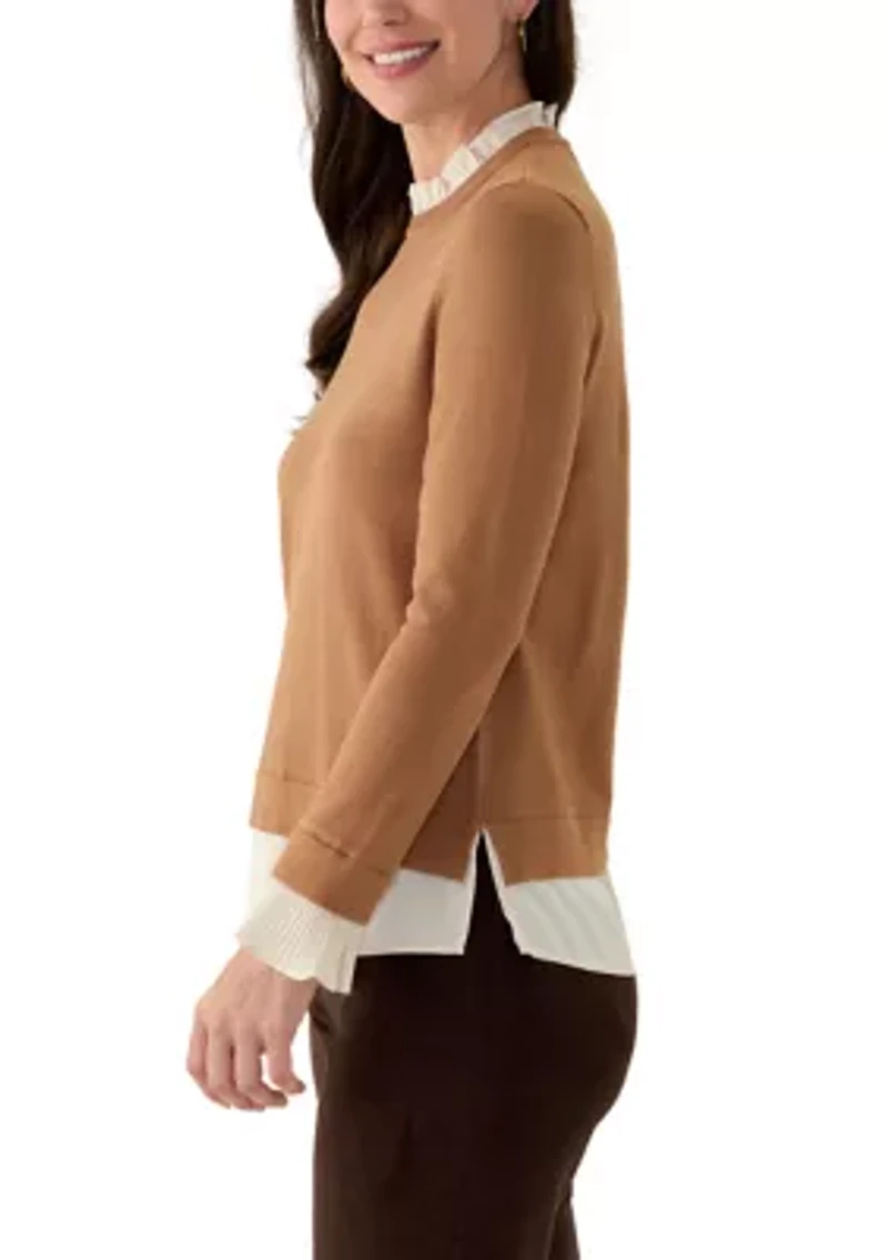Petite Long Sleeve 2Fer Blouse Sweater