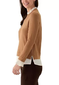 Petite Long Sleeve 2Fer Blouse Sweater
