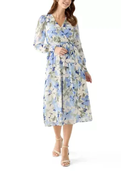 Petite Floral Print Clip Dot Long Sleeve Surplice Midi Dress