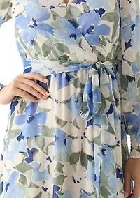 Petite Floral Print Clip Dot Long Sleeve Surplice Midi Dress