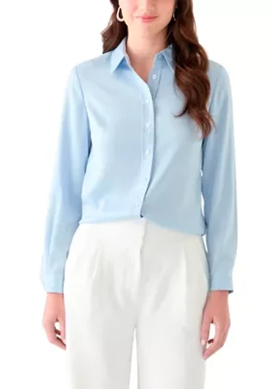 Women's Satin Button Front Long Sleeve Blouse
