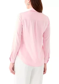 Women's Satin Button Front Long Sleeve Blouse