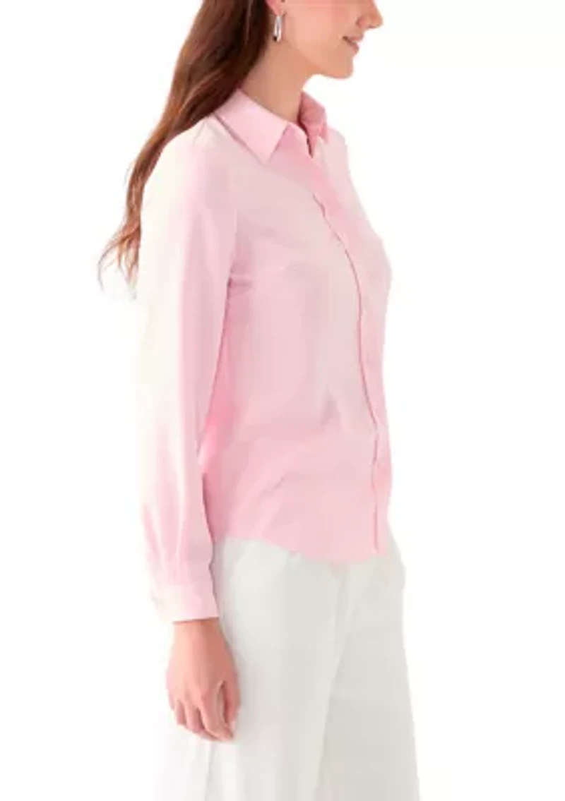 Women's Satin Button Front Long Sleeve Blouse