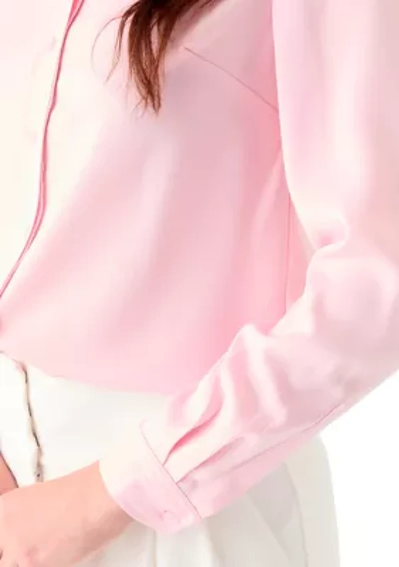 Women's Satin Button Front Long Sleeve Blouse