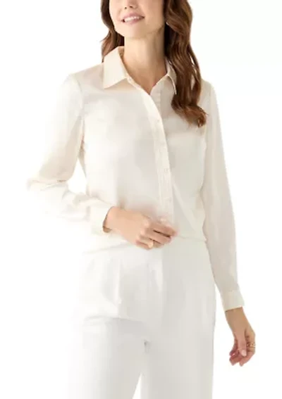 Petite Satin Button Front Long Sleeve Blouse