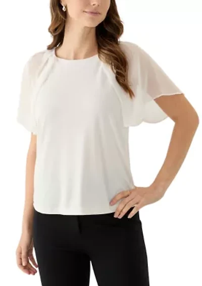 Women's Mixed Media Flutter Sleeve Knit Top