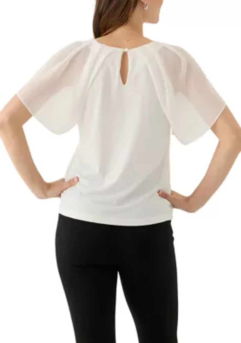Women's Mixed Media Flutter Sleeve Knit Top