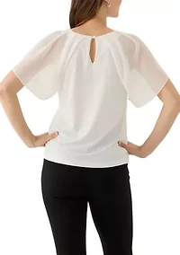 Women's Mixed Media Flutter Sleeve Knit Top