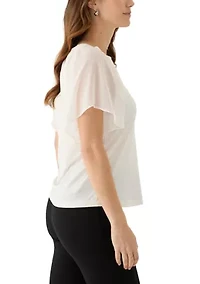 Women's Mixed Media Flutter Sleeve Knit Top