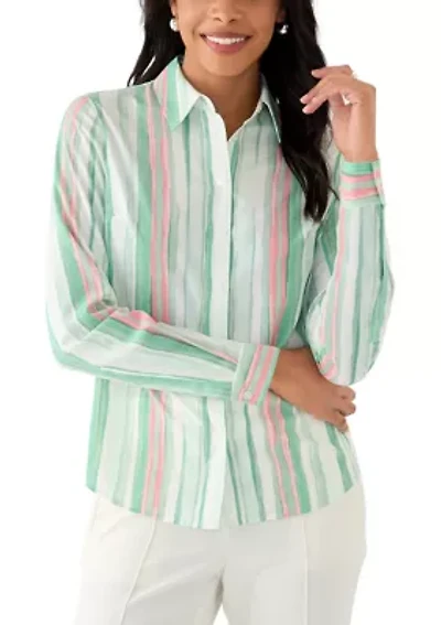 Women's Watercolor Stripe Button Front Blouse