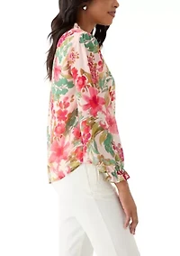 Women's Floral Print V-Neck Button Front Blouse