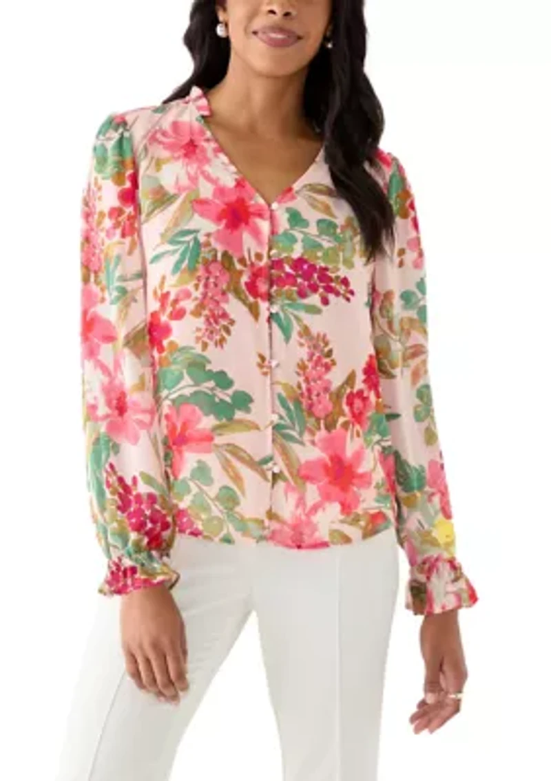 Petite Floral Print V-Neck Button Front blouse