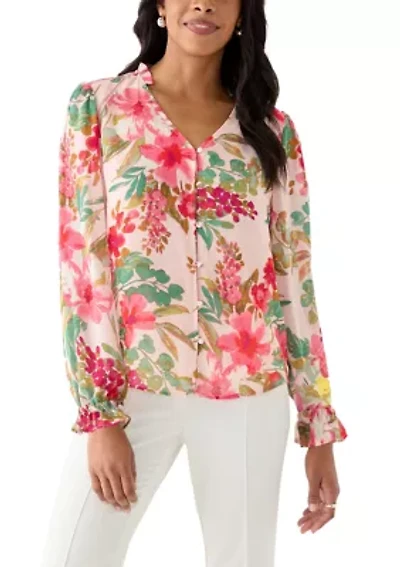 Petite Floral Print V-Neck Button Front blouse
