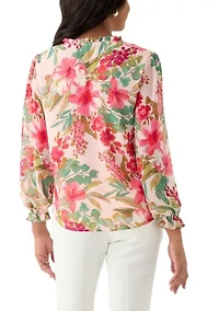 Petite Floral Print V-Neck Button Front blouse