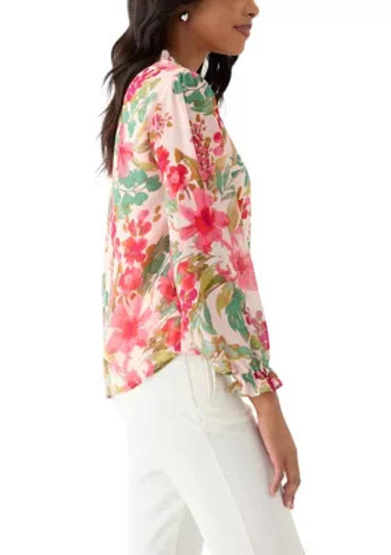 Petite Floral Print V-Neck Button Front blouse