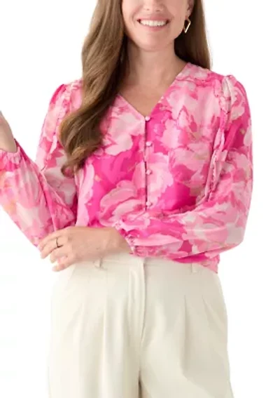 Petite Floral Print Button Front Blouse