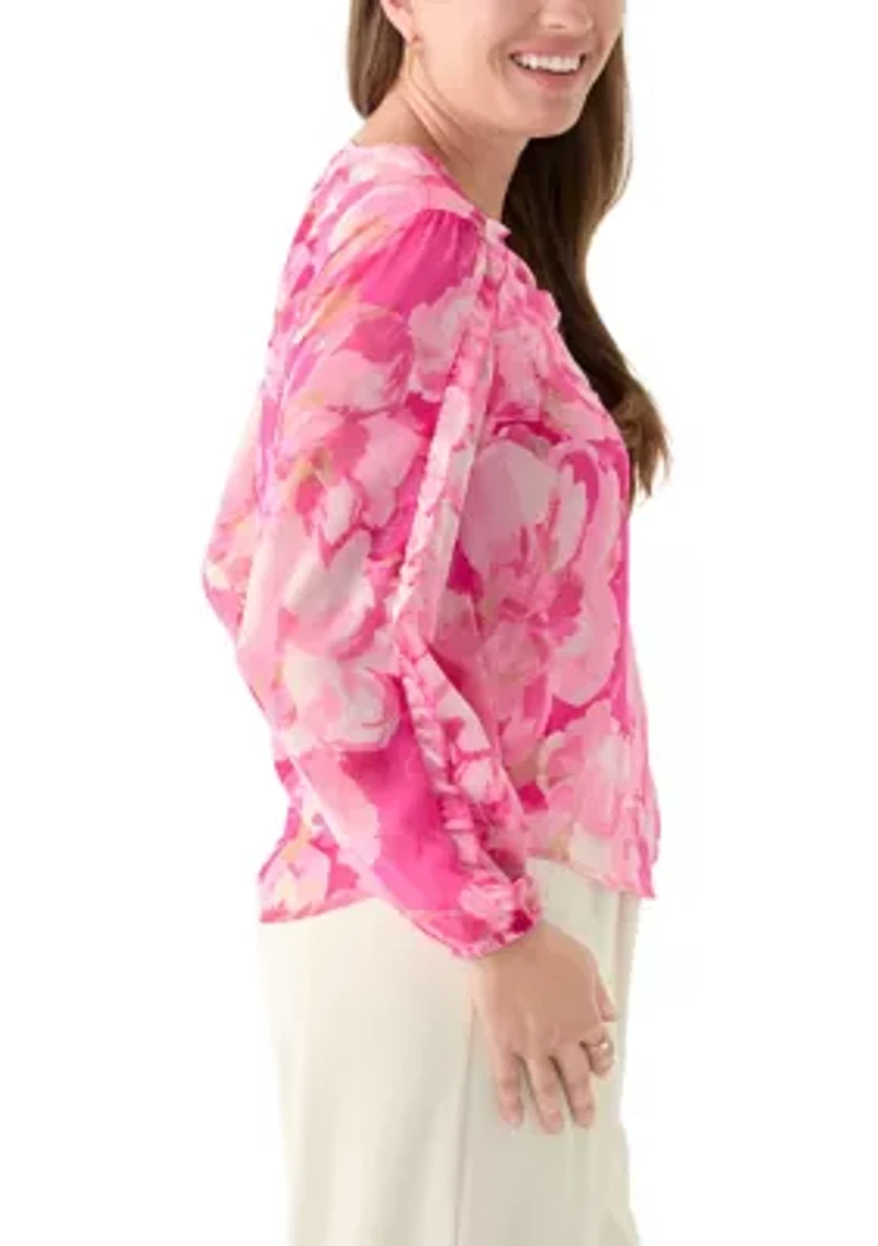 Petite Floral Print Button Front Blouse