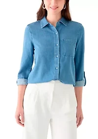 Petite Long Sleeve Button Down Shirt with Patch Pocket