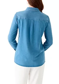 Petite Long Sleeve Button Down Shirt with Patch Pocket