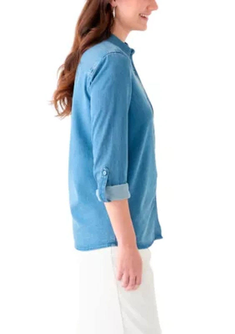 Petite Long Sleeve Button Down Shirt with Patch Pocket