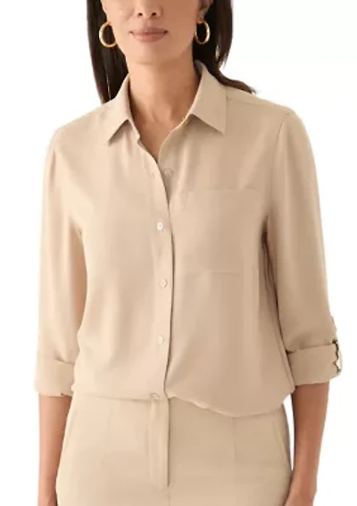 Women's Long Roll Tab Sleeve Printed Blouse